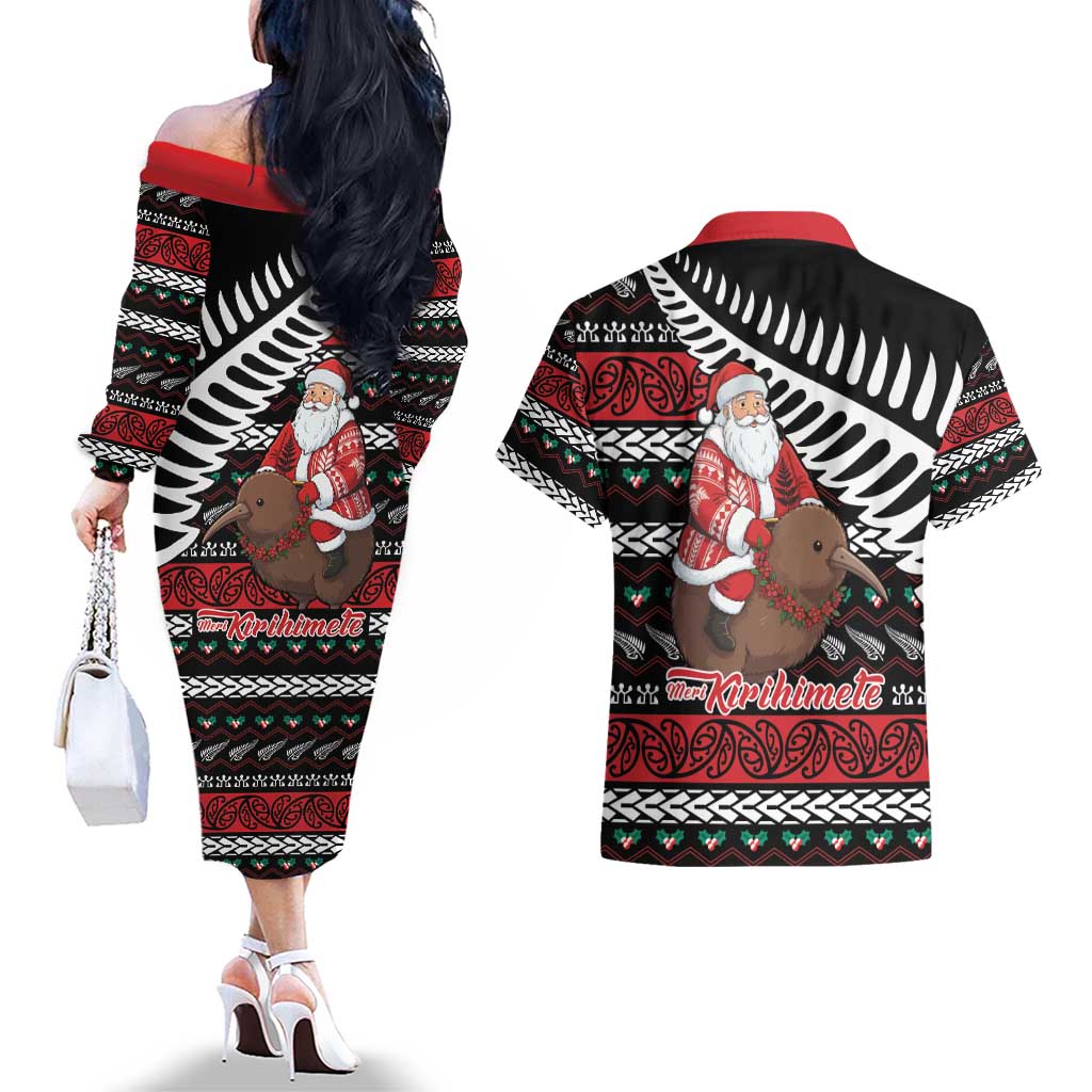 New Zealand Kiwi Santa Christmas Couples Matching Off The Shoulder Long Sleeve Dress and Hawaiian Shirt He Wairua Kirihimete - Polynesian Pride