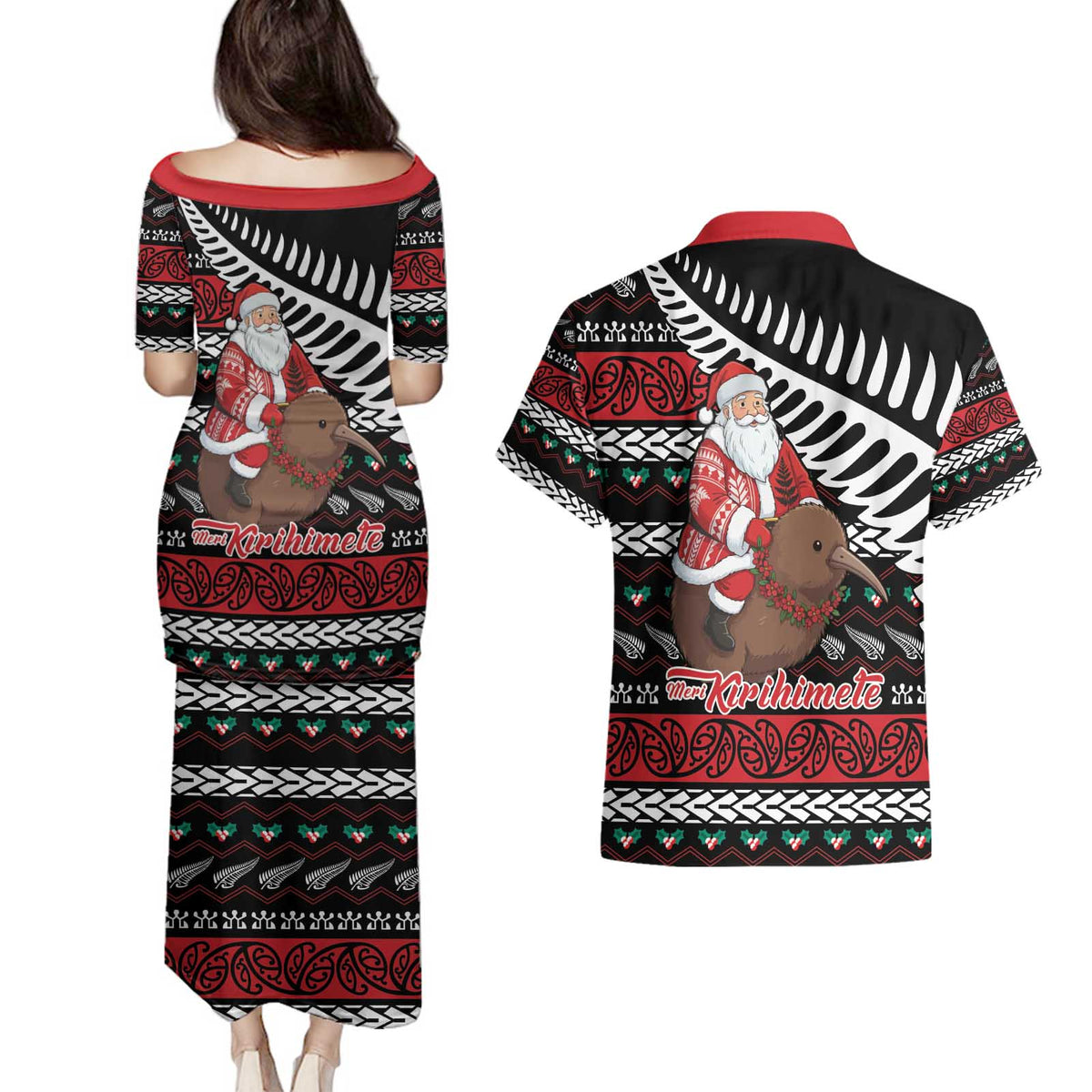 New Zealand Kiwi Santa Christmas Couples Matching Puletasi and Hawaiian Shirt He Wairua Kirihimete - Polynesian Pride