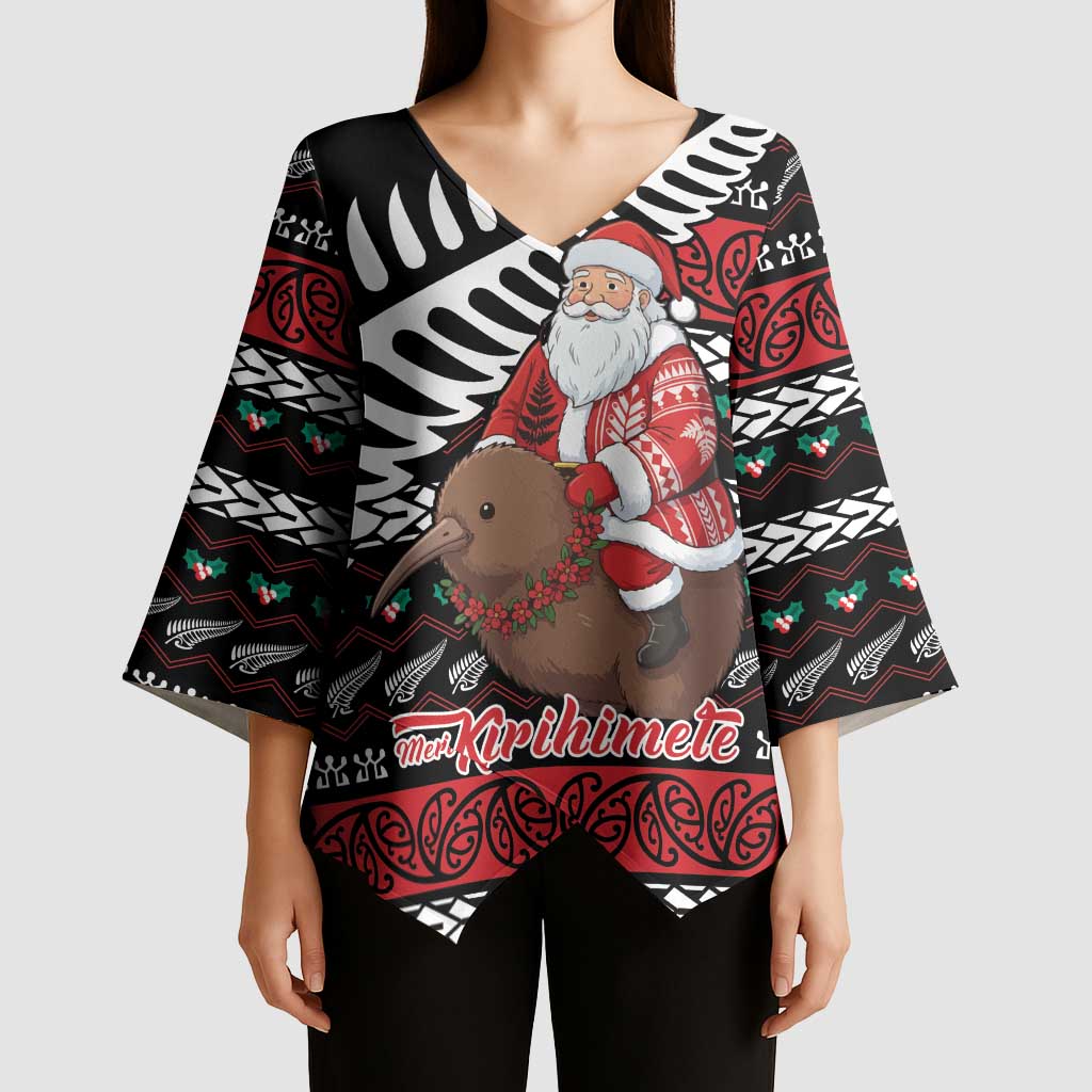 New Zealand Kiwi Santa Christmas Kimono Sleeve Blouse He Wairua Kirihimete - Polynesian Pride