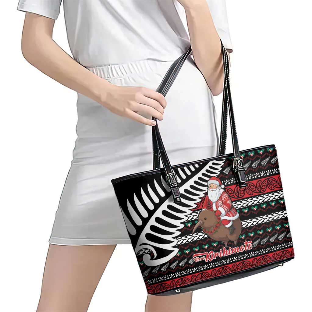 New Zealand Kiwi Santa Christmas Leather Tote Bag He Wairua Kirihimete - Polynesian Pride
