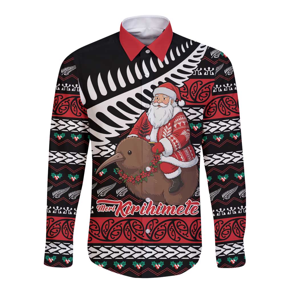 New Zealand Kiwi Santa Christmas Long Sleeve Button Shirt He Wairua Kirihimete - Polynesian Pride