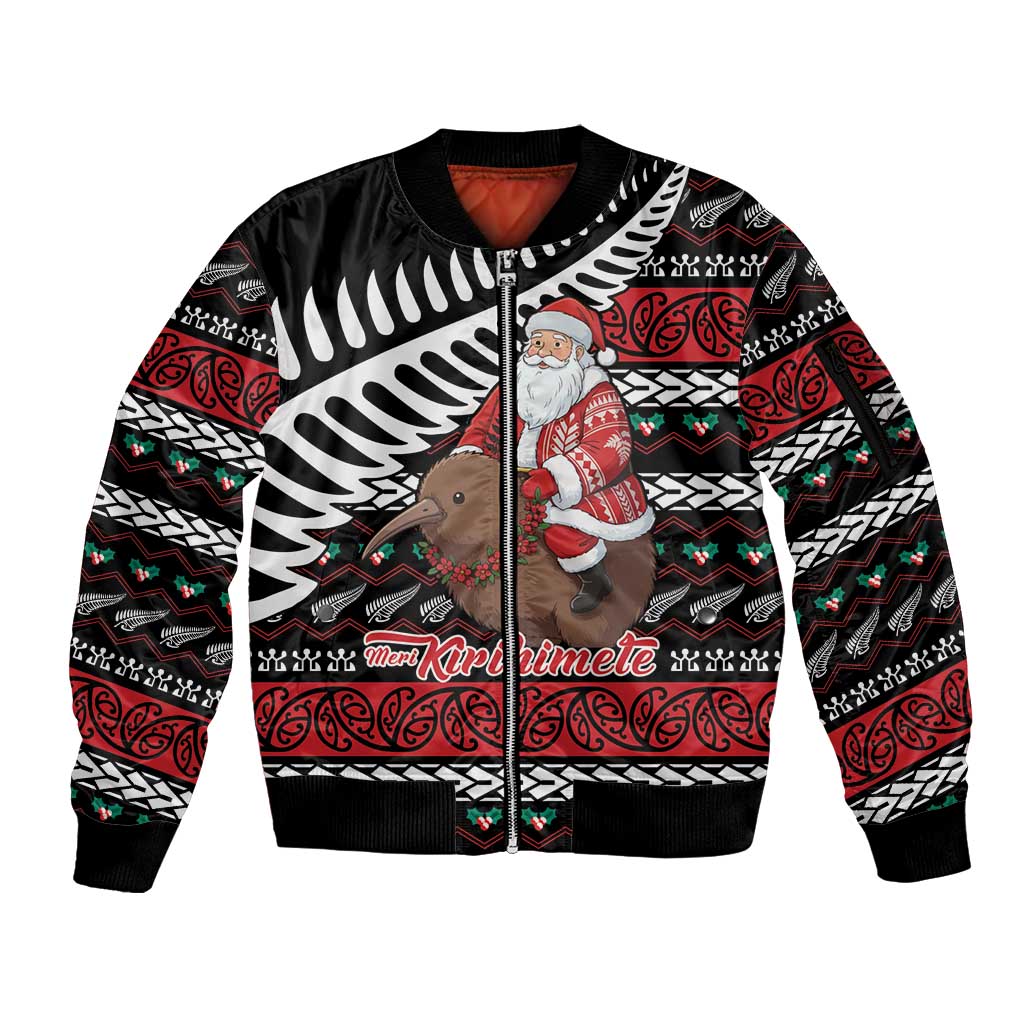 New Zealand Kiwi Santa Christmas Sleeve Zip Bomber Jacket He Wairua Kirihimete - Polynesian Pride