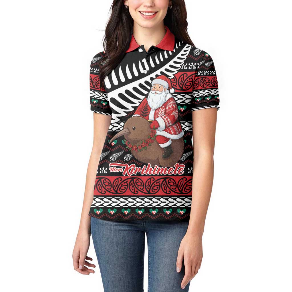 New Zealand Kiwi Santa Christmas Women Polo Shirt He Wairua Kirihimete - Polynesian Pride