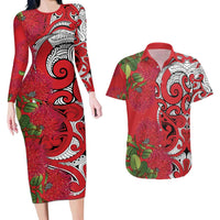 Personalised New Zealand Koru Pohutukawa Couples Matching Long Sleeve Bodycon Dress and Hawaiian Shirt Meri Kirihimete Aroha for Christmas - Polynesian Pride