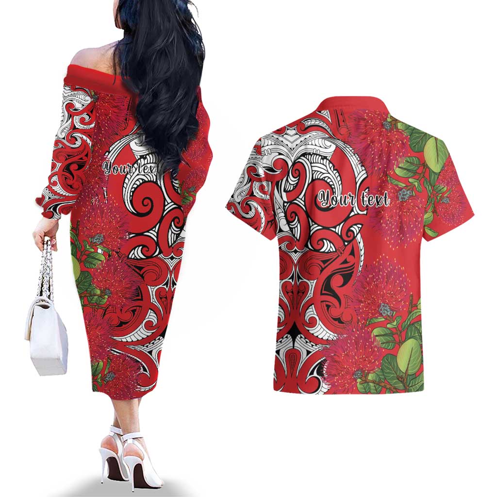 Personalised New Zealand Koru Pohutukawa Couples Matching Off The Shoulder Long Sleeve Dress and Hawaiian Shirt Meri Kirihimete Aroha for Christmas - Polynesian Pride