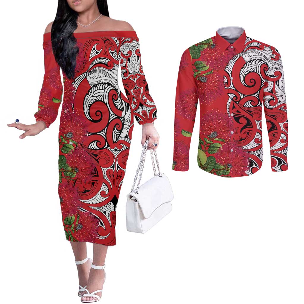 Personalised New Zealand Koru Pohutukawa Couples Matching Off The Shoulder Long Sleeve Dress and Long Sleeve Button Shirt Meri Kirihimete Aroha for Christmas - Polynesian Pride