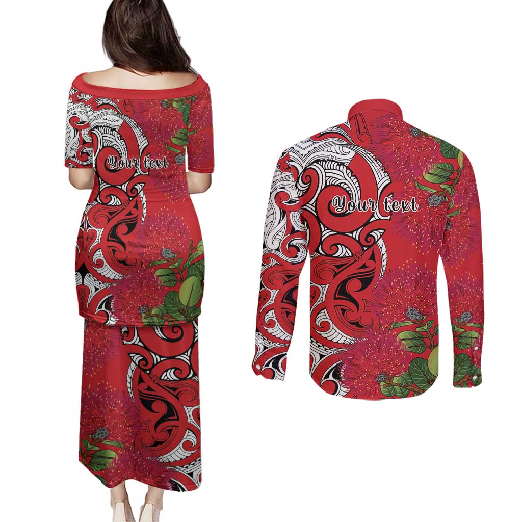 Personalised New Zealand Koru Pohutukawa Couples Matching Puletasi and Long Sleeve Button Shirt Meri Kirihimete Aroha for Christmas - Polynesian Pride
