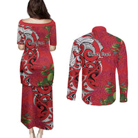 Personalised New Zealand Koru Pohutukawa Couples Matching Puletasi and Long Sleeve Button Shirt Meri Kirihimete Aroha for Christmas - Polynesian Pride