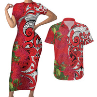 Personalised New Zealand Koru Pohutukawa Couples Matching Short Sleeve Bodycon Dress and Hawaiian Shirt Meri Kirihimete Aroha for Christmas - Polynesian Pride