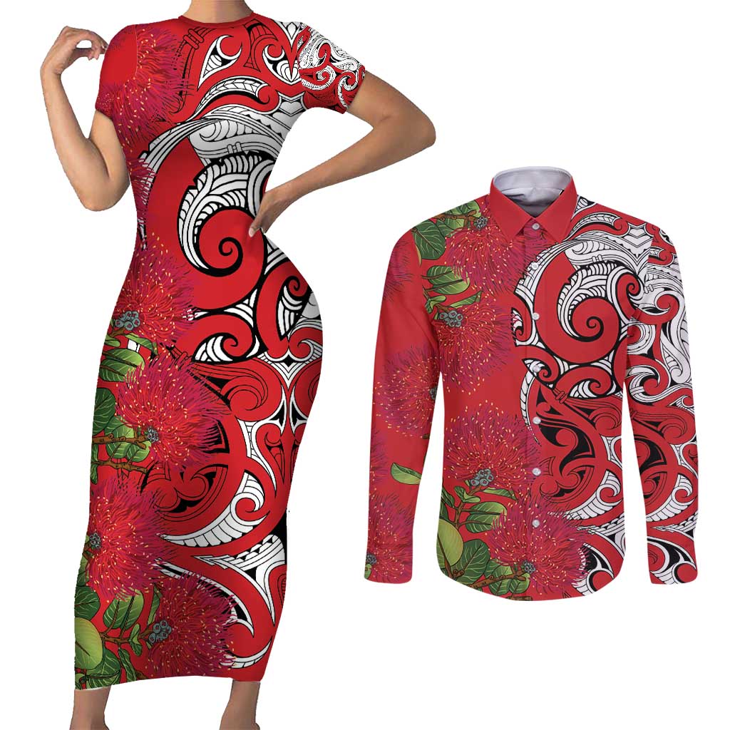 Personalised New Zealand Koru Pohutukawa Couples Matching Short Sleeve Bodycon Dress and Long Sleeve Button Shirt Meri Kirihimete Aroha for Christmas - Polynesian Pride
