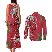 Personalised New Zealand Koru Pohutukawa Couples Matching Tank Maxi Dress and Long Sleeve Button Shirt Meri Kirihimete Aroha for Christmas - Polynesian Pride