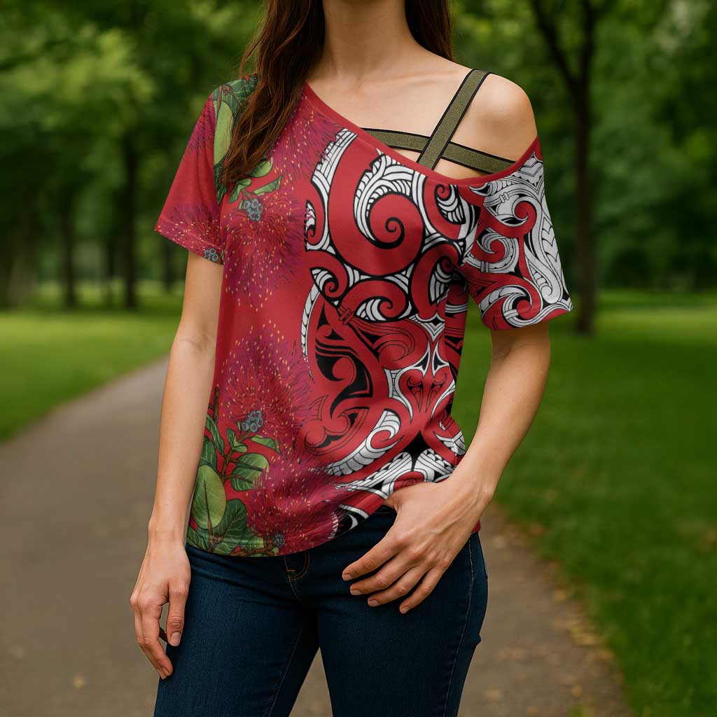 Personalised New Zealand Koru Pohutukawa Cross Shoulder Shirt Meri Kirihimete Aroha for Christmas - Polynesian Pride