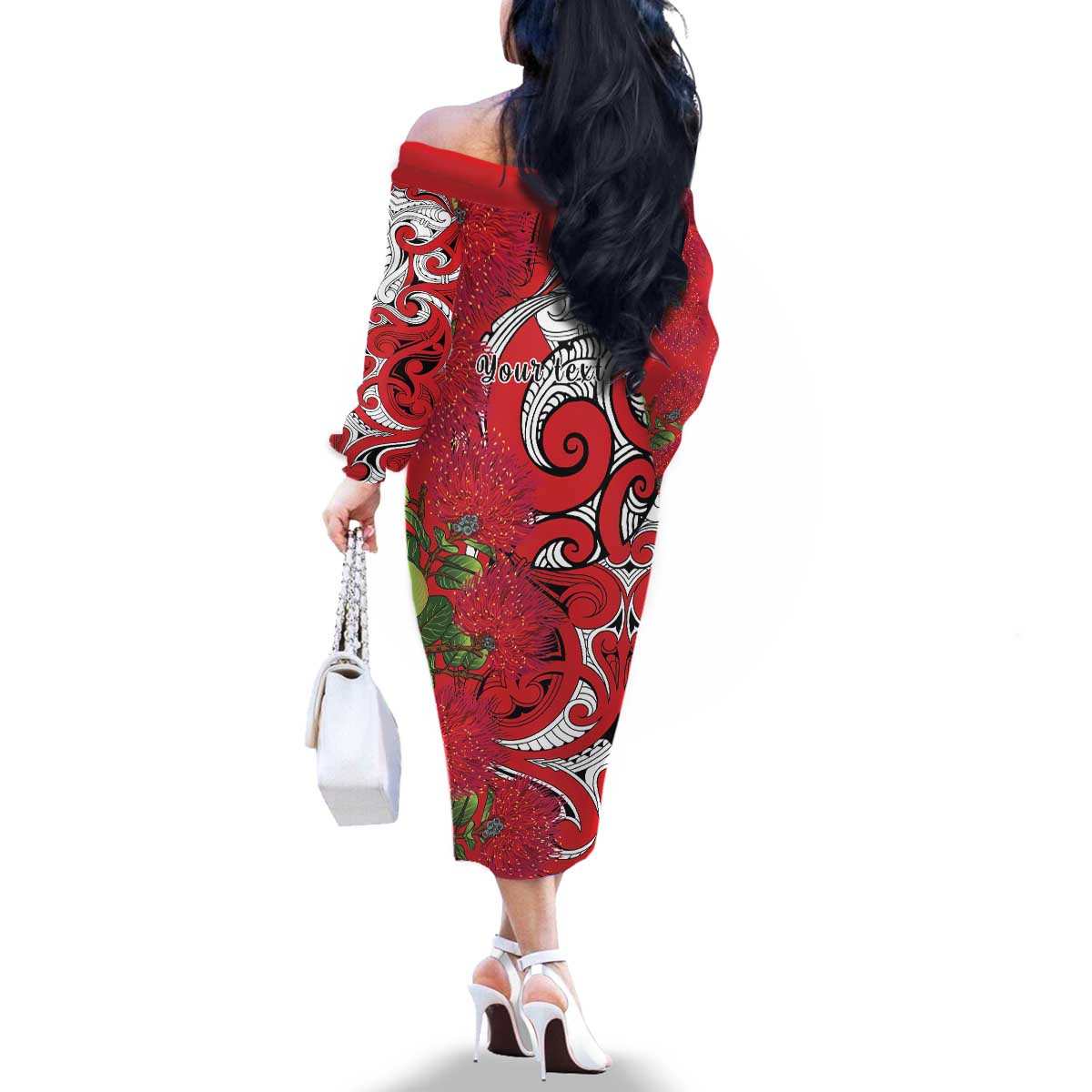 Personalised New Zealand Koru Pohutukawa Family Matching Off The Shoulder Long Sleeve Dress and Hawaiian Shirt Meri Kirihimete Aroha for Christmas - Polynesian Pride