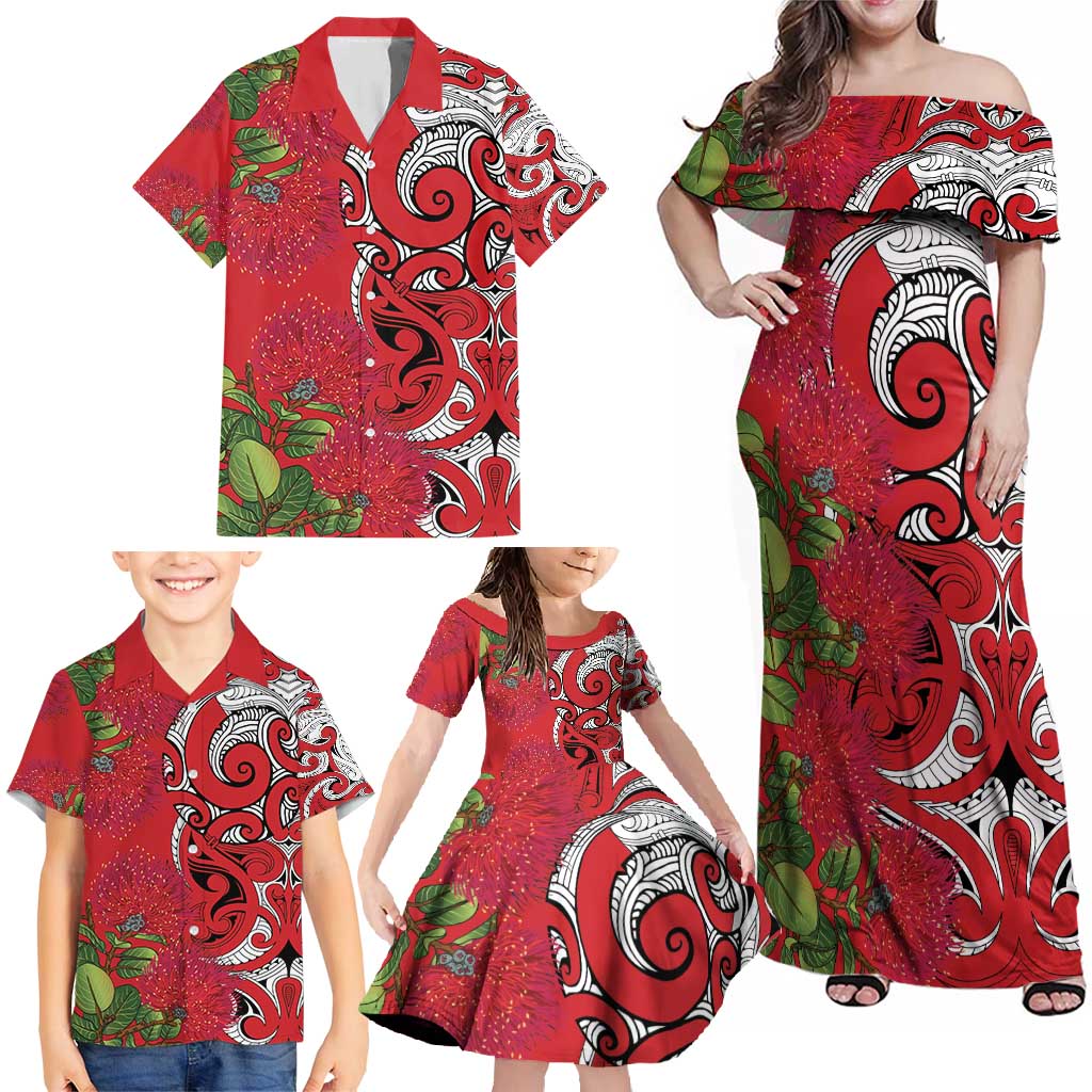 Personalised New Zealand Koru Pohutukawa Family Matching Off Shoulder Maxi Dress and Hawaiian Shirt Meri Kirihimete Aroha for Christmas - Polynesian Pride