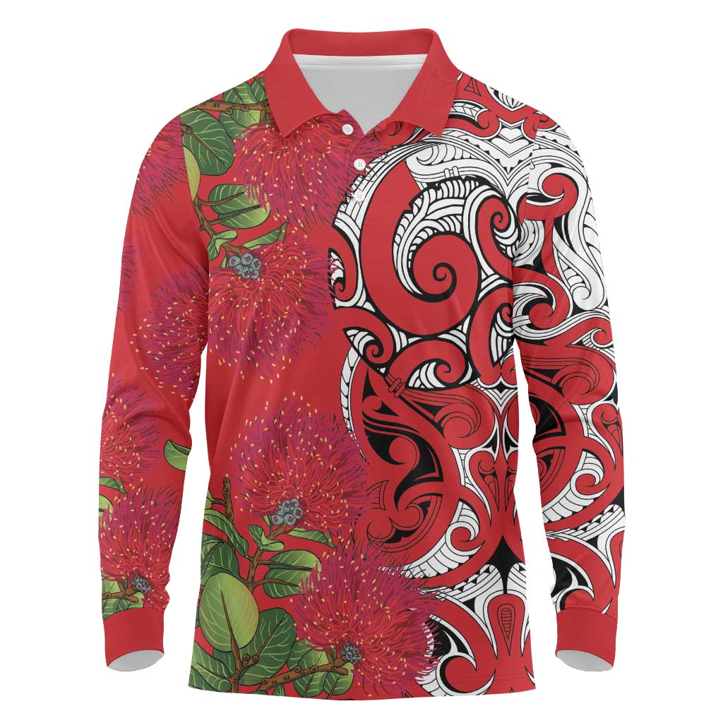 Personalised New Zealand Koru Pohutukawa Long Sleeve Polo Shirt Meri Kirihimete Aroha for Christmas - Polynesian Pride