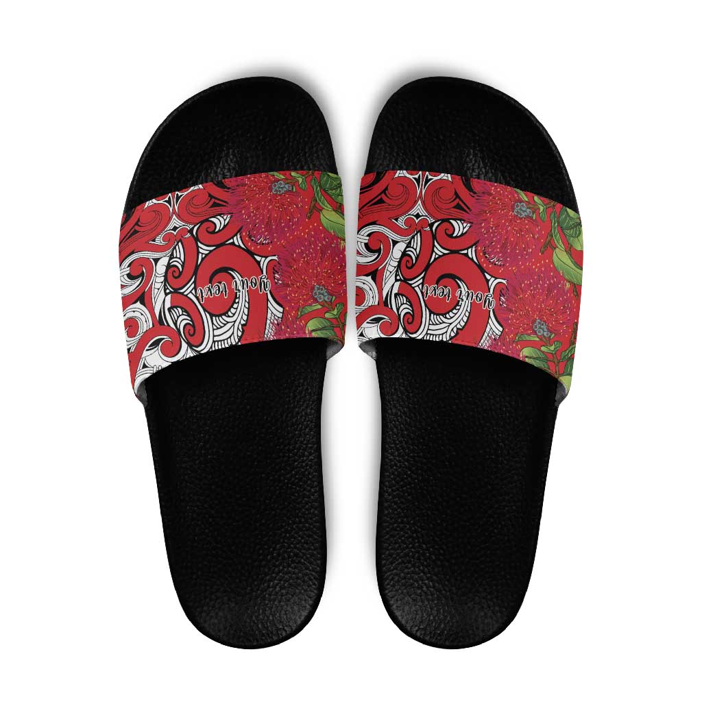 Personalised New Zealand Koru Pohutukawa Slide Sandals Meri Kirihimete Aroha for Christmas - Polynesian Pride