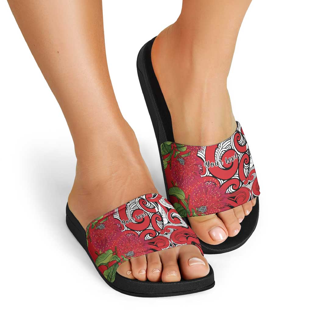 Personalised New Zealand Koru Pohutukawa Slide Sandals Meri Kirihimete Aroha for Christmas - Polynesian Pride