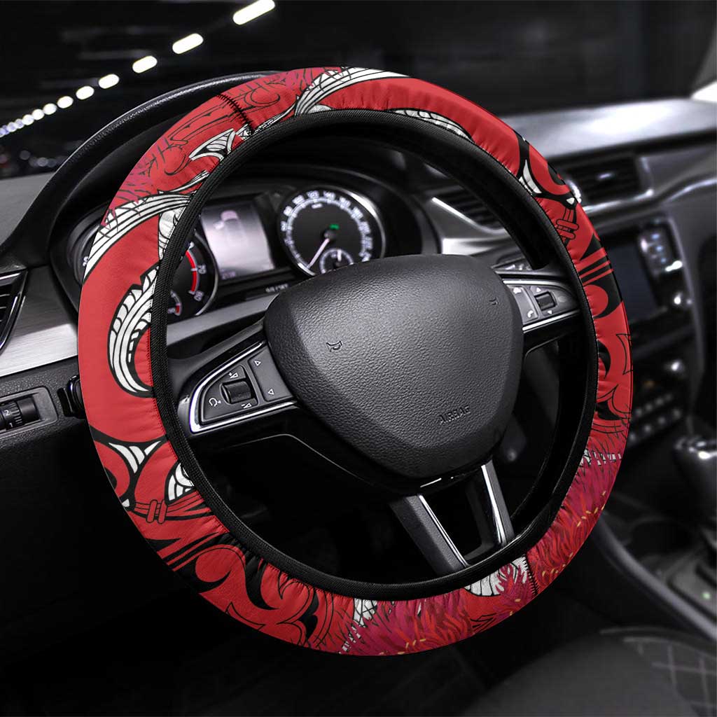 New Zealand Koru Pohutukawa Steering Wheel Cover Meri Kirihimete Aroha for Christmas - Polynesian Pride