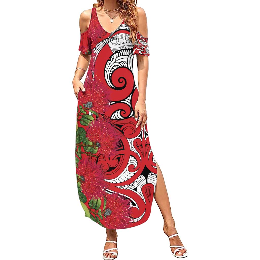 Personalised New Zealand Koru Pohutukawa Summer Maxi Dress Meri Kirihimete Aroha for Christmas - Polynesian Pride