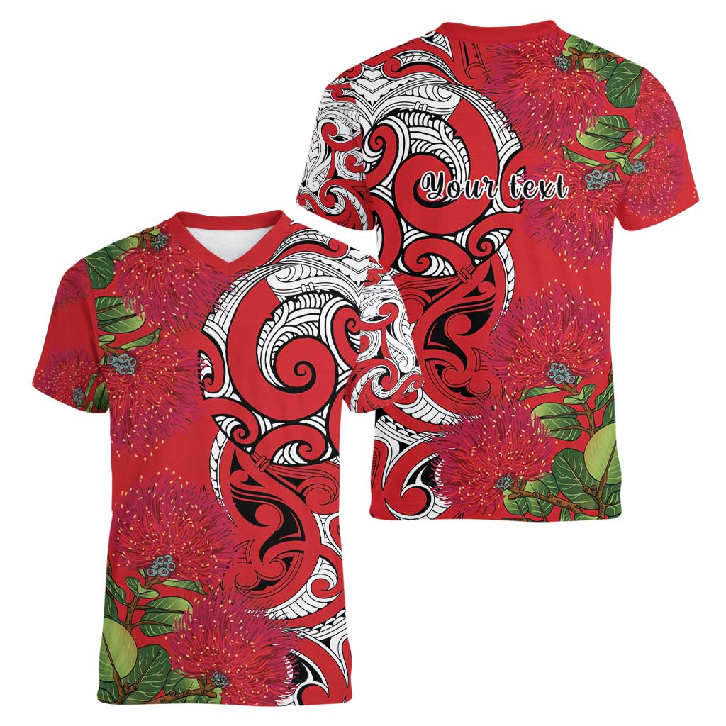 Personalised New Zealand Koru Pohutukawa Women V-Neck T-Shirt Meri Kirihimete Aroha for Christmas - Polynesian Pride