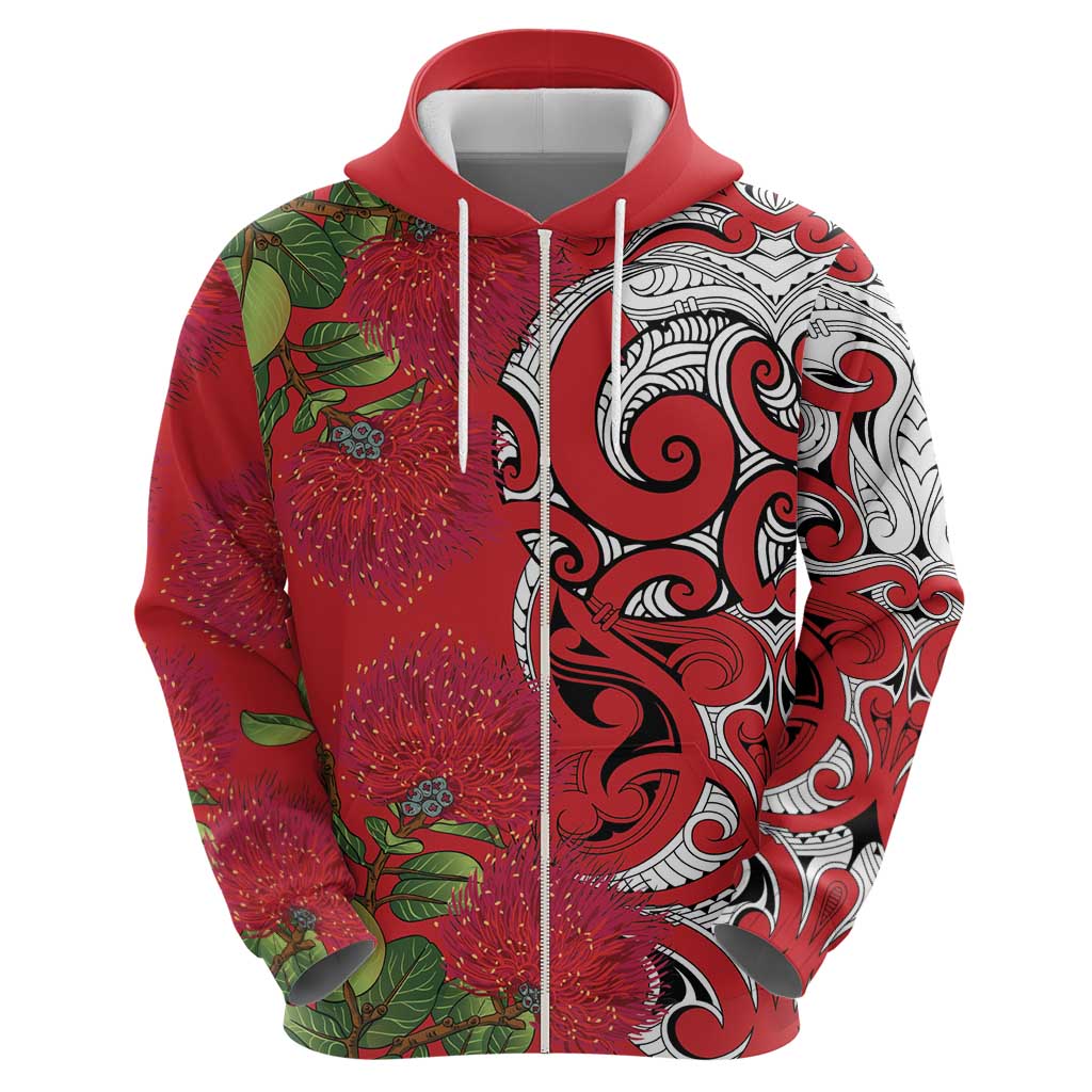 Personalised New Zealand Koru Pohutukawa Zip Hoodie Meri Kirihimete Aroha for Christmas - Polynesian Pride