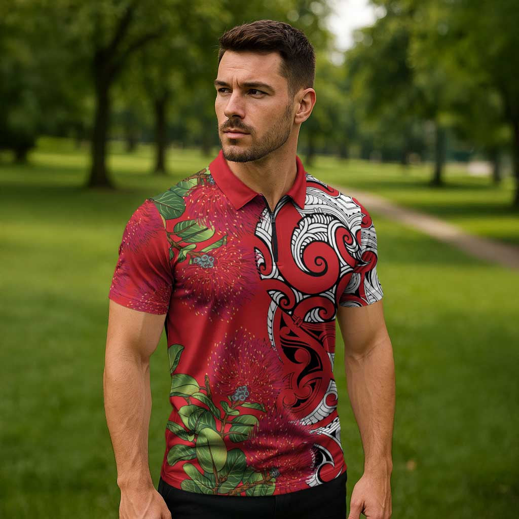 Personalised New Zealand Koru Pohutukawa Zipper Polo Shirt Meri Kirihimete Aroha for Christmas - Polynesian Pride