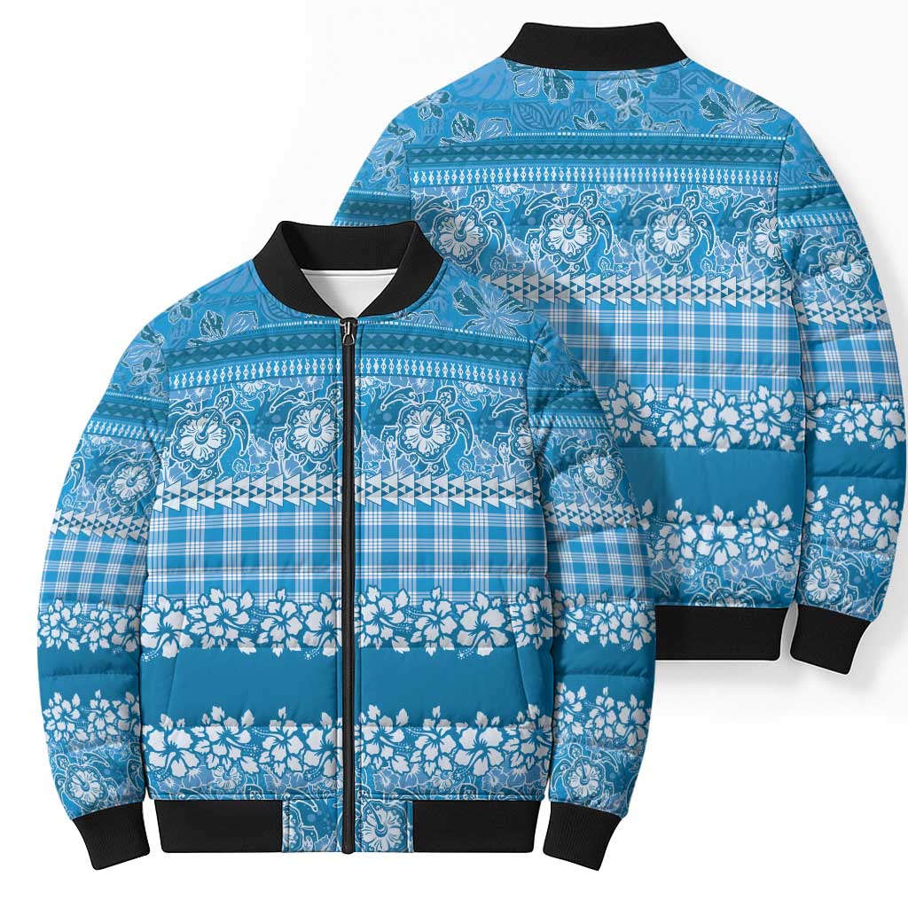 Hawaiian Hibiscus Honu Bomber Puffer Jacket Blue Mele Kalikimaka Palaka Spirit - Polynesian Pride