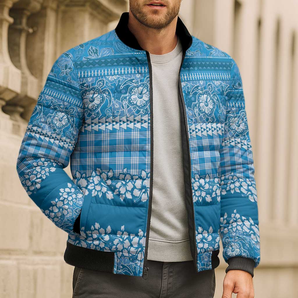 Hawaiian Hibiscus Honu Bomber Puffer Jacket Blue Mele Kalikimaka Palaka Spirit - Polynesian Pride
