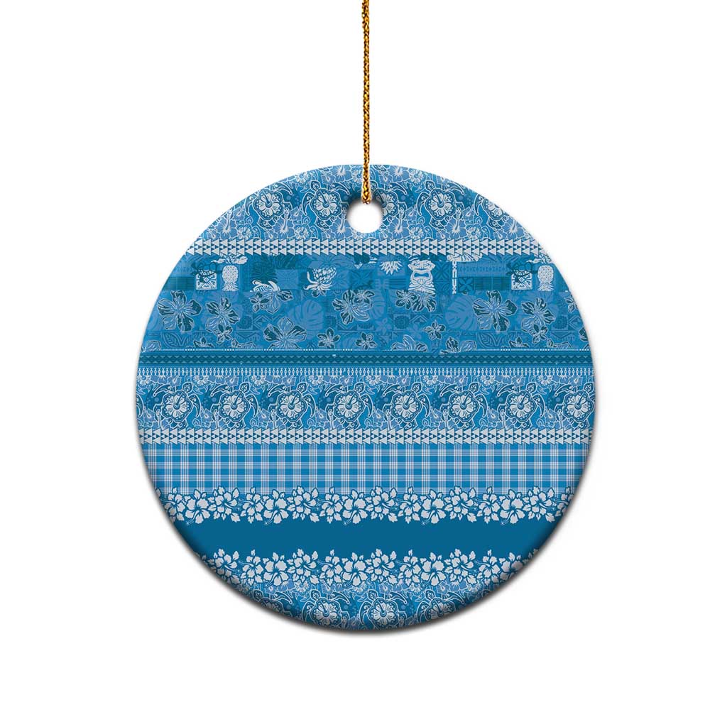 Hawaiian Hibiscus Honu Ceramic Ornament Blue Mele Kalikimaka Palaka Spirit - Polynesian Pride