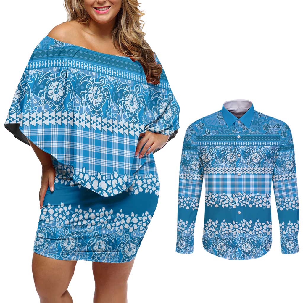Hawaiian Hibiscus Honu Couples Matching Off Shoulder Short Dress and Long Sleeve Button Shirt Blue Mele Kalikimaka Palaka Spirit - Polynesian Pride
