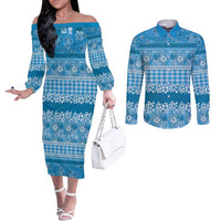 Hawaiian Hibiscus Honu Couples Matching Off The Shoulder Long Sleeve Dress and Long Sleeve Button Shirt Blue Mele Kalikimaka Palaka Spirit - Polynesian Pride