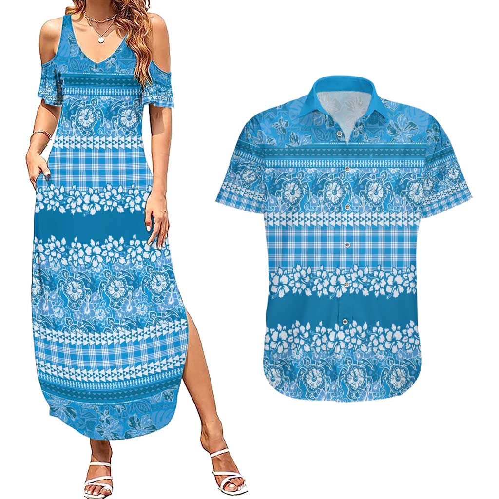 Hawaiian Hibiscus Honu Couples Matching Summer Maxi Dress and Hawaiian Shirt Blue Mele Kalikimaka Palaka Spirit - Polynesian Pride