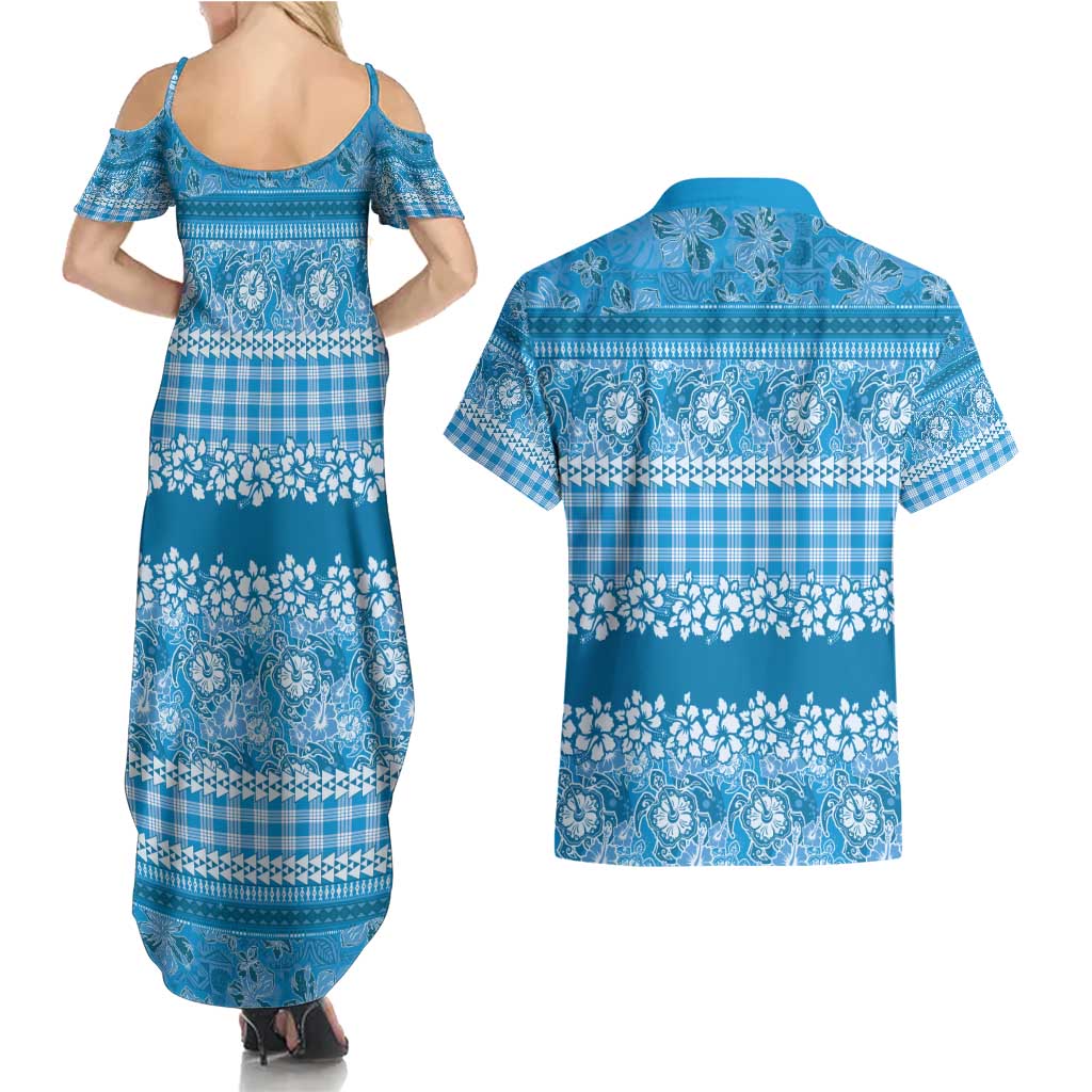 Hawaiian Hibiscus Honu Couples Matching Summer Maxi Dress and Hawaiian Shirt Blue Mele Kalikimaka Palaka Spirit - Polynesian Pride