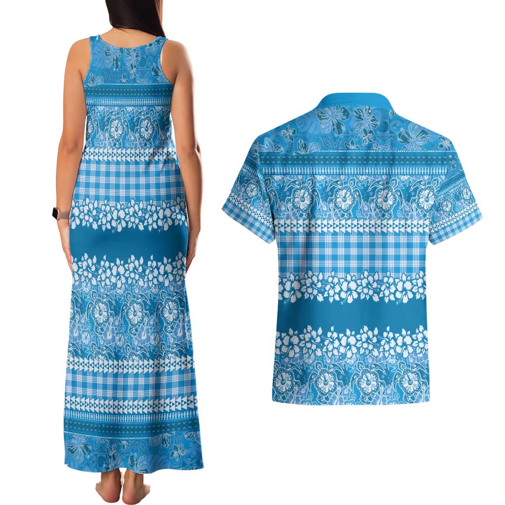 Hawaiian Hibiscus Honu Couples Matching Tank Maxi Dress and Hawaiian Shirt Blue Mele Kalikimaka Palaka Spirit - Polynesian Pride