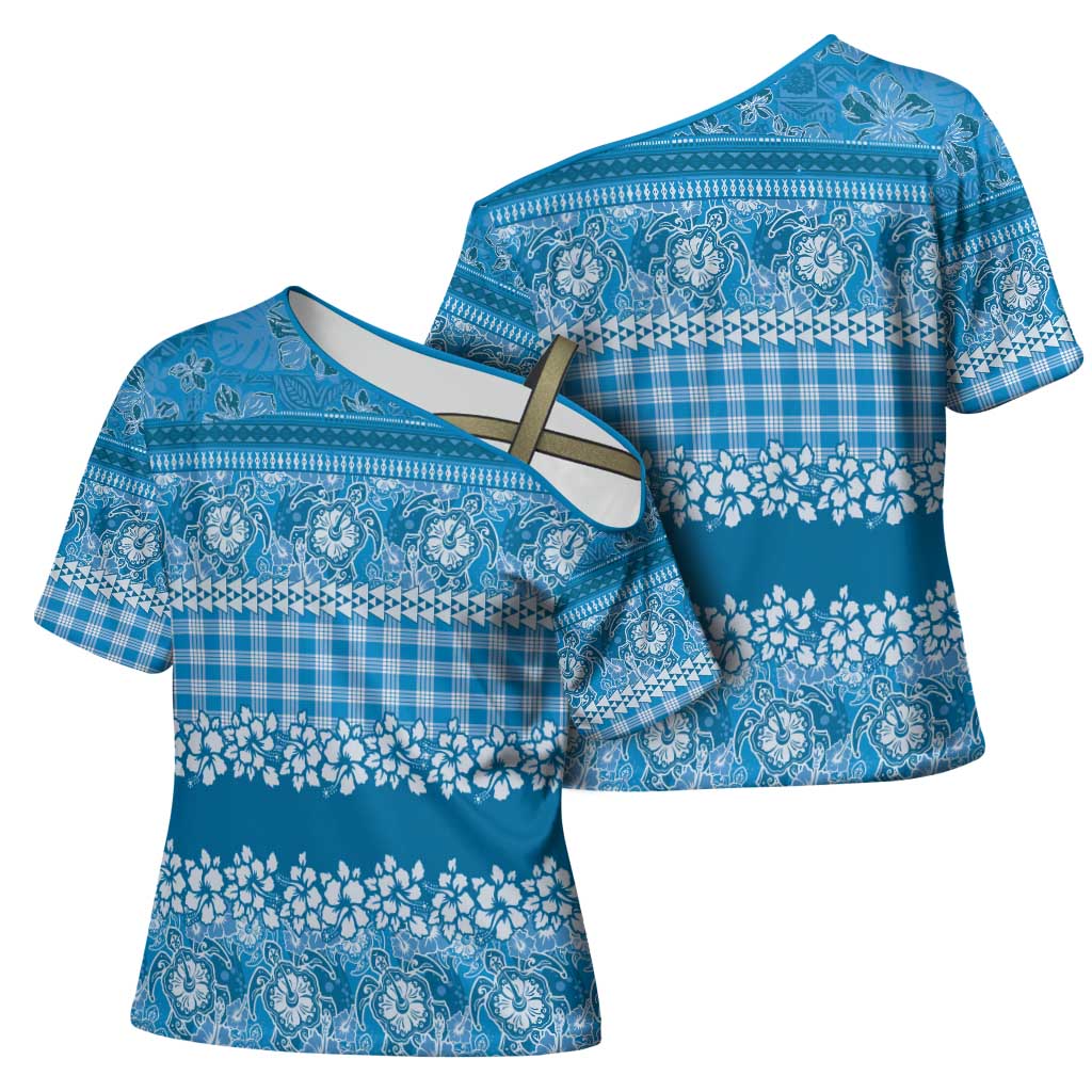 Hawaiian Hibiscus Honu Cross Shoulder Shirt Blue Mele Kalikimaka Palaka Spirit - Polynesian Pride