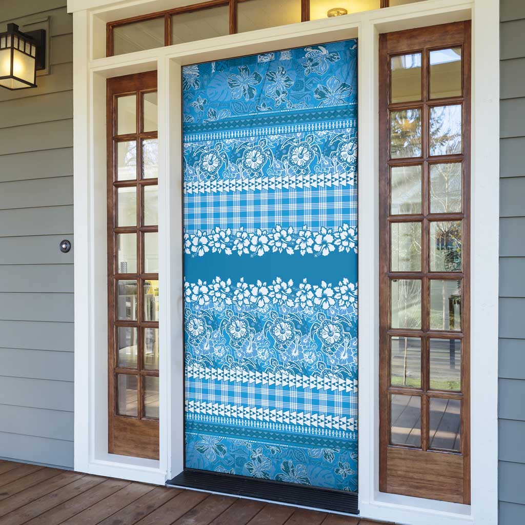 Hawaiian Hibiscus Honu Door Cover Blue Mele Kalikimaka Palaka Spirit - Polynesian Pride