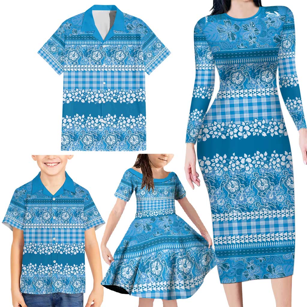 Hawaiian Hibiscus Honu Family Matching Long Sleeve Bodycon Dress and Hawaiian Shirt Blue Mele Kalikimaka Palaka Spirit - Polynesian Pride
