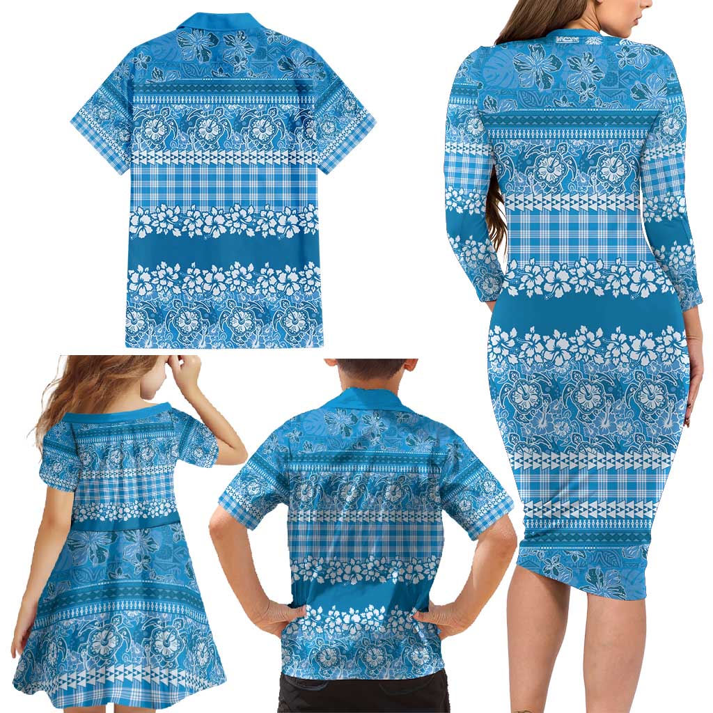 Hawaiian Hibiscus Honu Family Matching Long Sleeve Bodycon Dress and Hawaiian Shirt Blue Mele Kalikimaka Palaka Spirit - Polynesian Pride