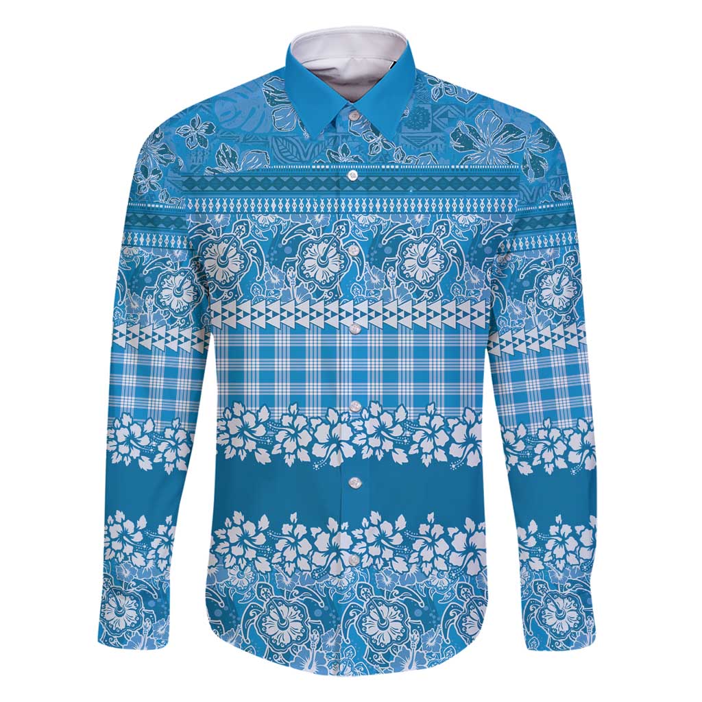 Hawaiian Hibiscus Honu Family Matching Long Sleeve Bodycon Dress and Hawaiian Shirt Blue Mele Kalikimaka Palaka Spirit - Polynesian Pride