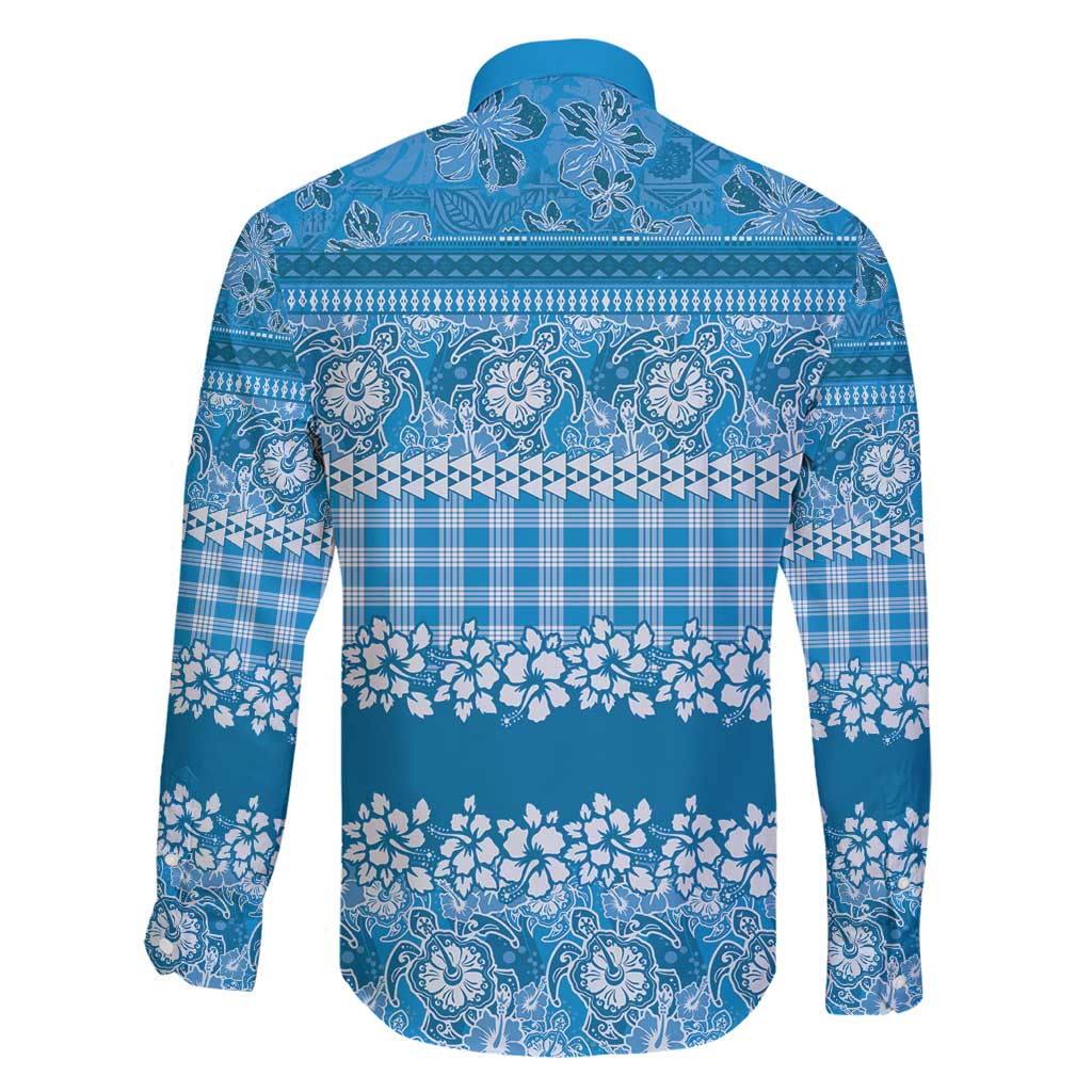 Hawaiian Hibiscus Honu Family Matching Long Sleeve Bodycon Dress and Hawaiian Shirt Blue Mele Kalikimaka Palaka Spirit - Polynesian Pride