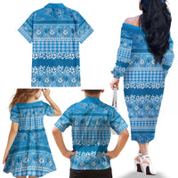 Hawaiian Hibiscus Honu Family Matching Off The Shoulder Long Sleeve Dress and Hawaiian Shirt Blue Mele Kalikimaka Palaka Spirit - Polynesian Pride