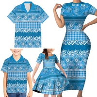 Hawaiian Hibiscus Honu Family Matching Short Sleeve Bodycon Dress and Hawaiian Shirt Blue Mele Kalikimaka Palaka Spirit - Polynesian Pride