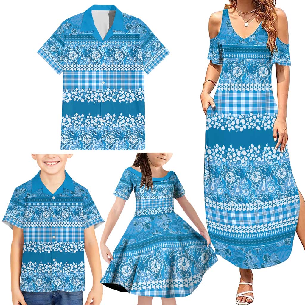 Hawaiian Hibiscus Honu Family Matching Summer Maxi Dress and Hawaiian Shirt Blue Mele Kalikimaka Palaka Spirit - Polynesian Pride