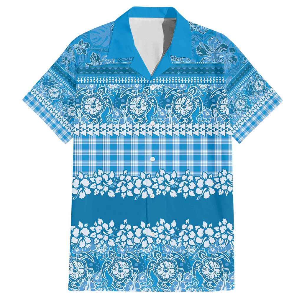 Hawaiian Hibiscus Honu Family Matching Tank Maxi Dress and Hawaiian Shirt Blue Mele Kalikimaka Palaka Spirit - Polynesian Pride