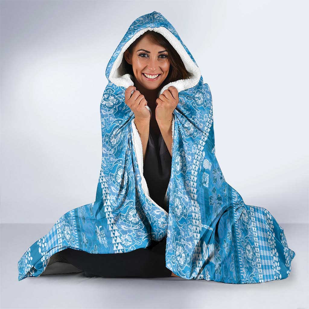 Hawaiian Hibiscus Honu Hooded Blanket Blue Mele Kalikimaka Palaka Spirit - Polynesian Pride
