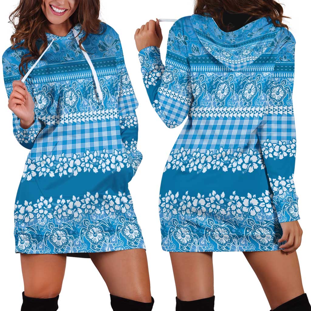 Hawaiian Hibiscus Honu Hoodie Dress Blue Mele Kalikimaka Palaka Spirit - Polynesian Pride