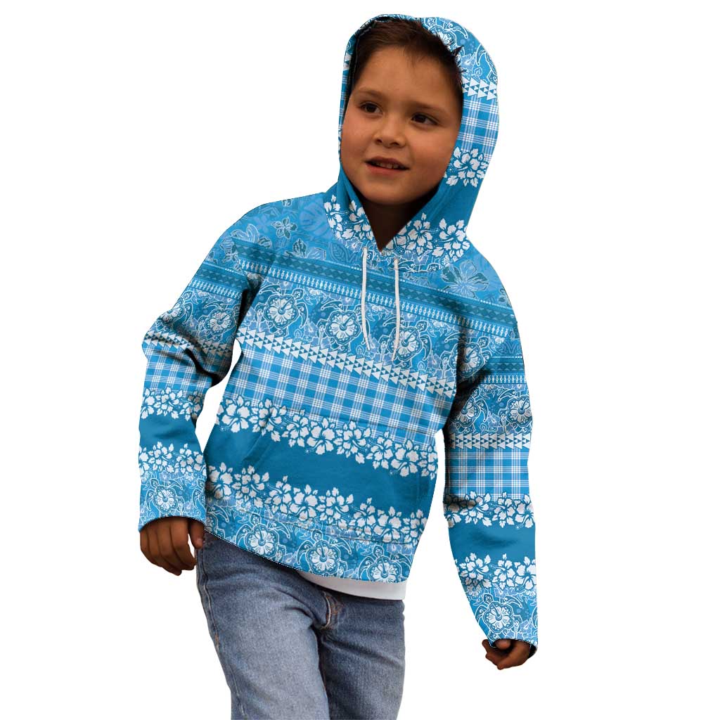 Hawaiian Hibiscus Honu Kid Hoodie Blue Mele Kalikimaka Palaka Spirit - Polynesian Pride