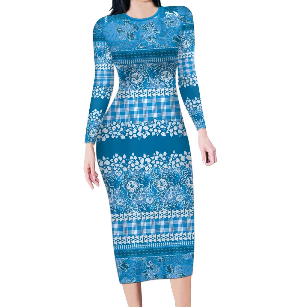 Hawaiian Hibiscus Honu Long Sleeve Bodycon Dress Blue Mele Kalikimaka Palaka Spirit - Polynesian Pride