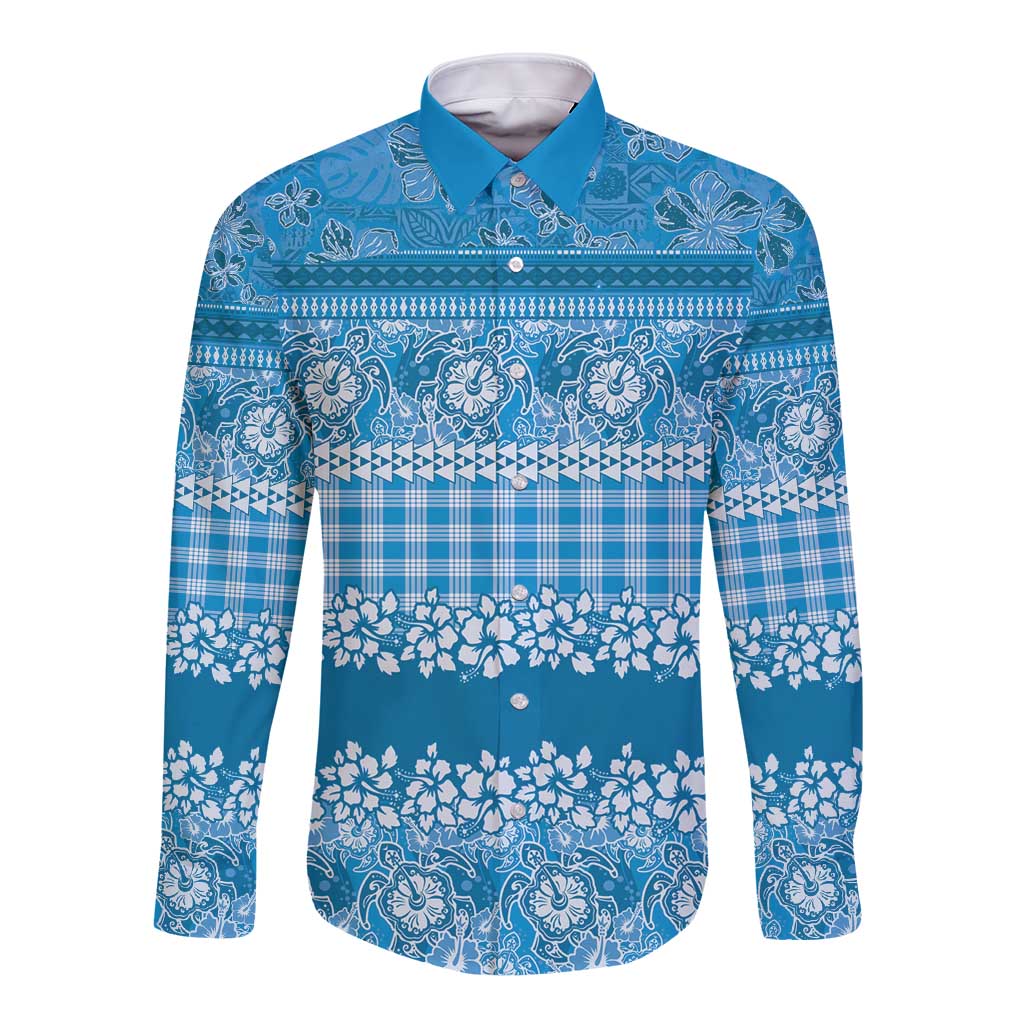 Hawaiian Hibiscus Honu Long Sleeve Button Shirt Blue Mele Kalikimaka Palaka Spirit - Polynesian Pride