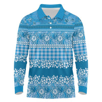 Hawaiian Hibiscus Honu Long Sleeve Polo Shirt Blue Mele Kalikimaka Palaka Spirit - Polynesian Pride